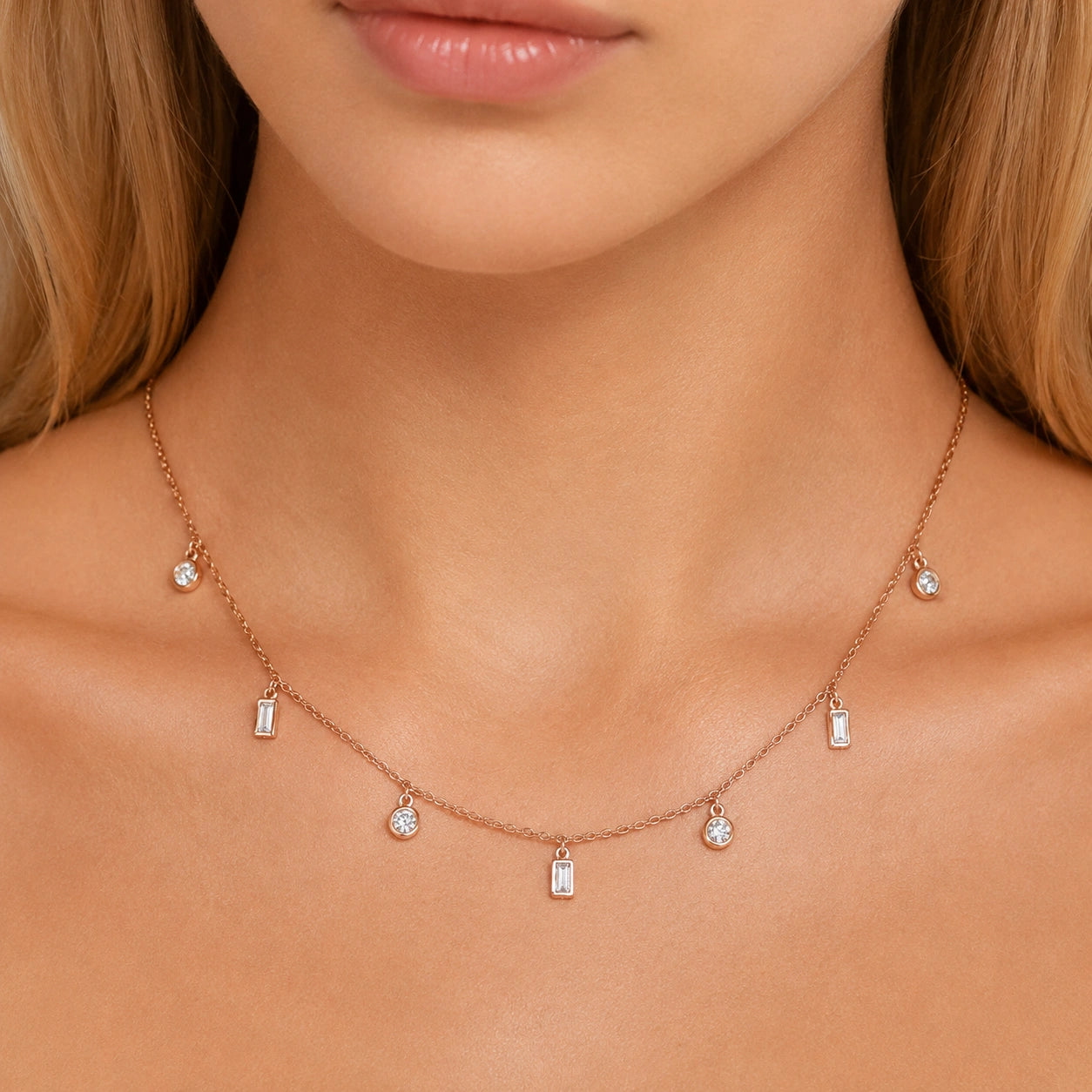 Rose Gold Mixed Round and Square Charm 925 Sterling Silver Chain Pendant for Women