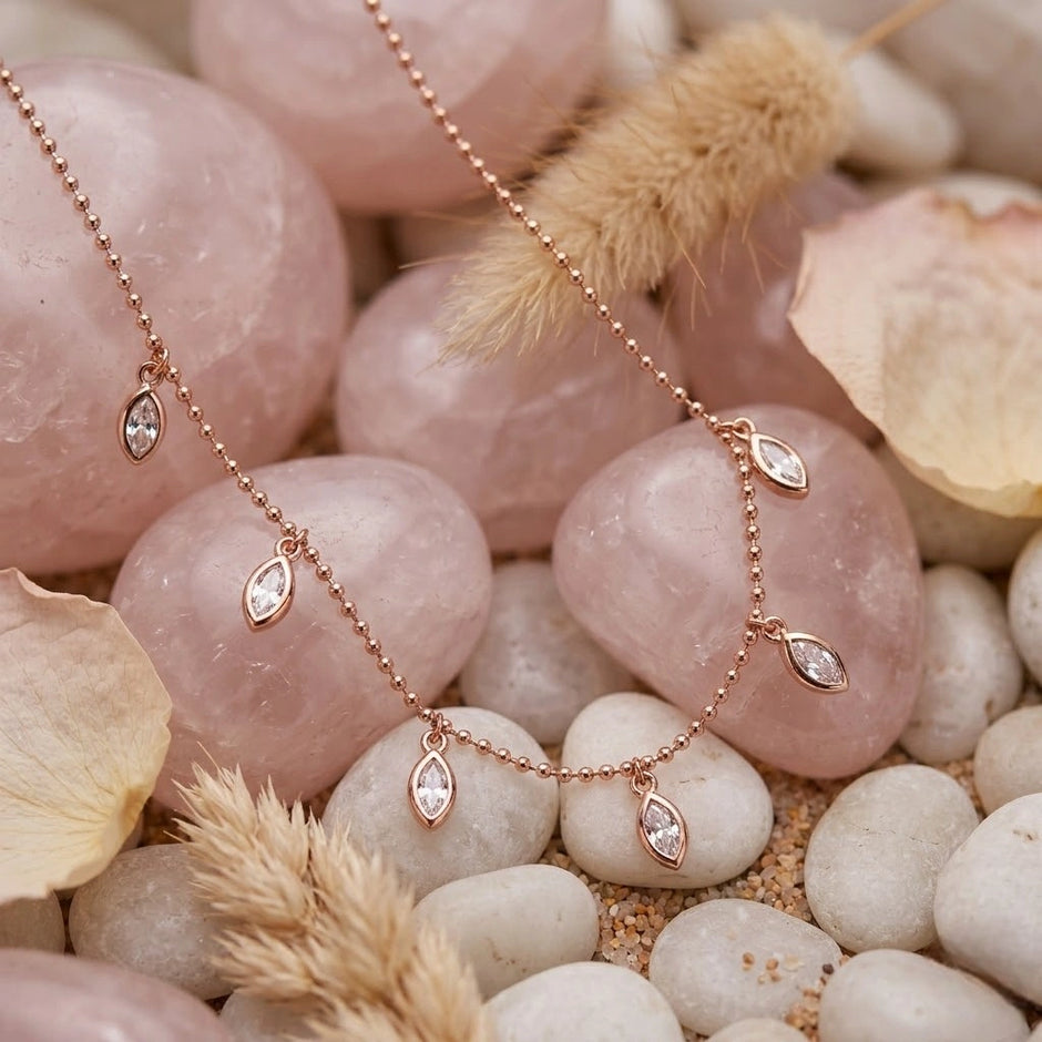 Rose Gold Multi Marquise Leaf Sparkle 925 Sterling Silver Pendant Chain for Women