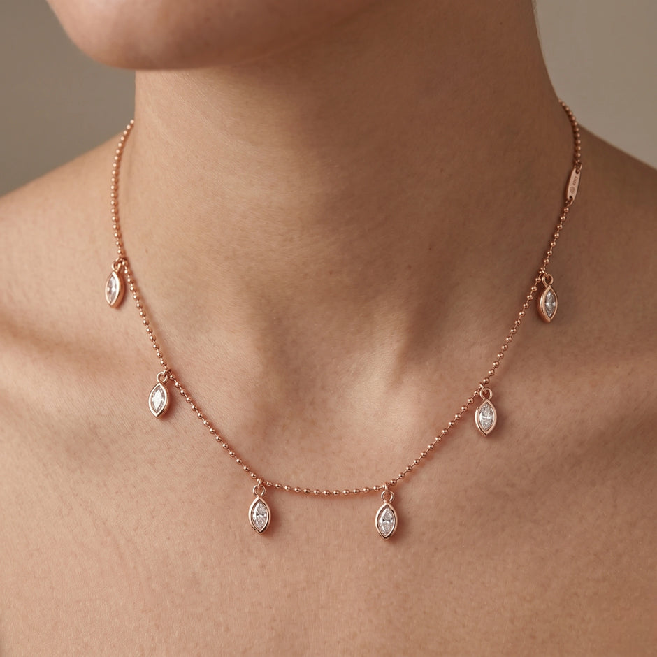 Rose Gold Multi Marquise Leaf Sparkle 925 Sterling Silver Pendant Chain for Women