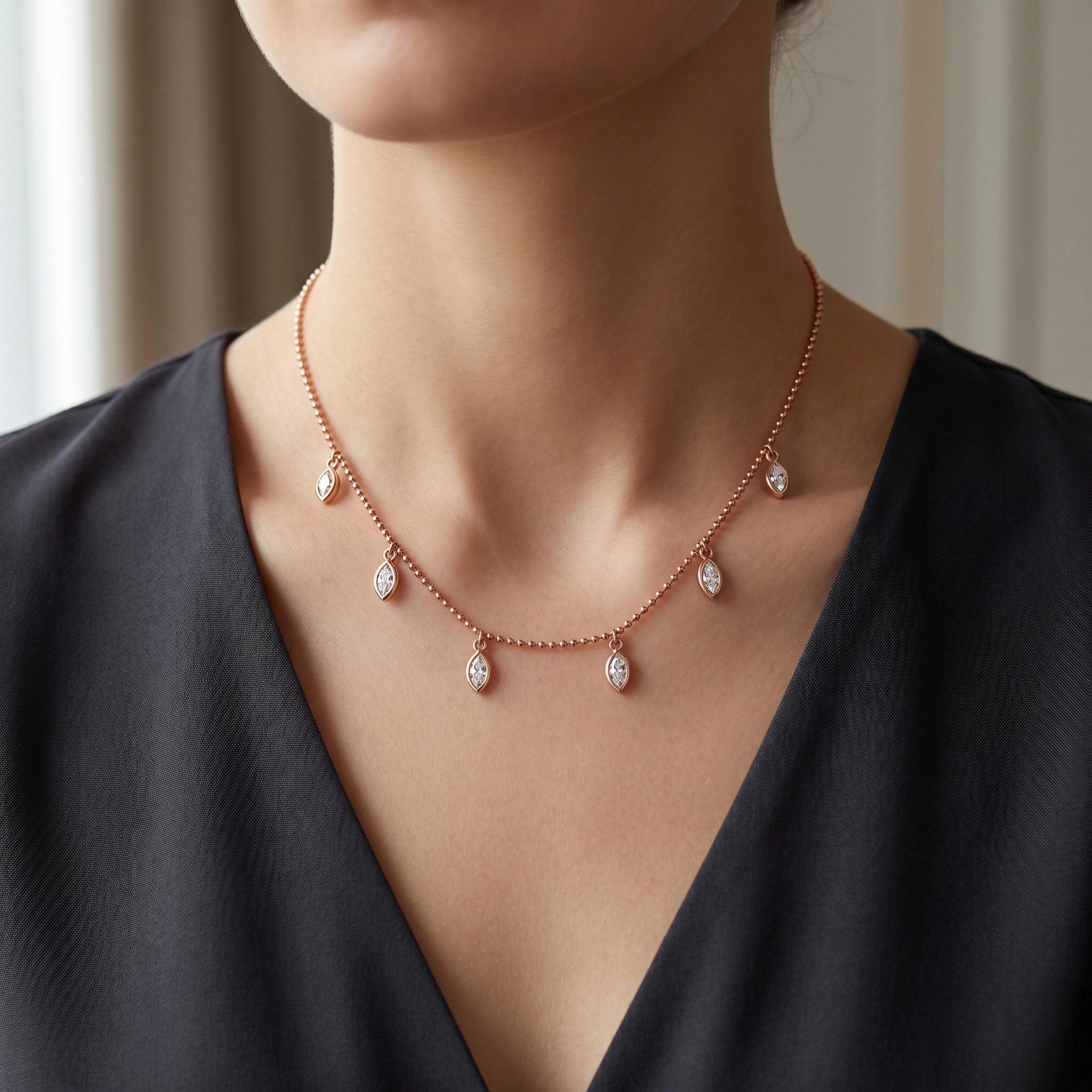 Rose Gold Multi Marquise Leaf Sparkle 925 Sterling Silver Pendant Chain for Women