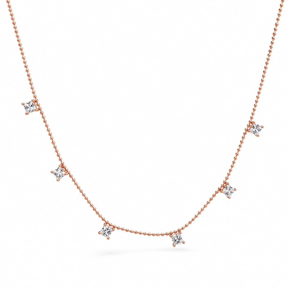 Rose Gold Multi Square White Stone 925 Sterling Silver Pendant Chain for Women