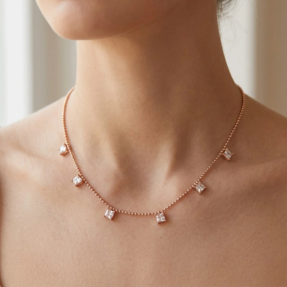 Rose Gold Multi Square White Stone 925 Sterling Silver Pendant Chain for Women
