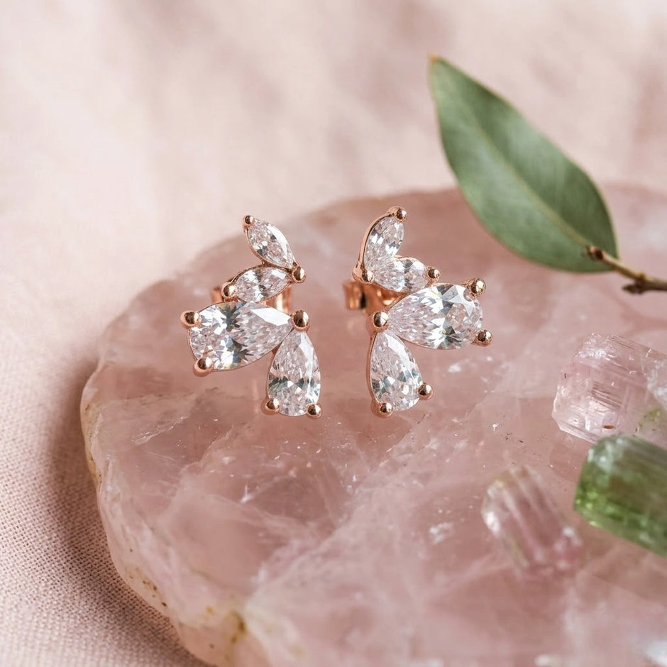Rose Gold Pear Petal Diamond 925 Sterling Silver Stud Earrings for Women