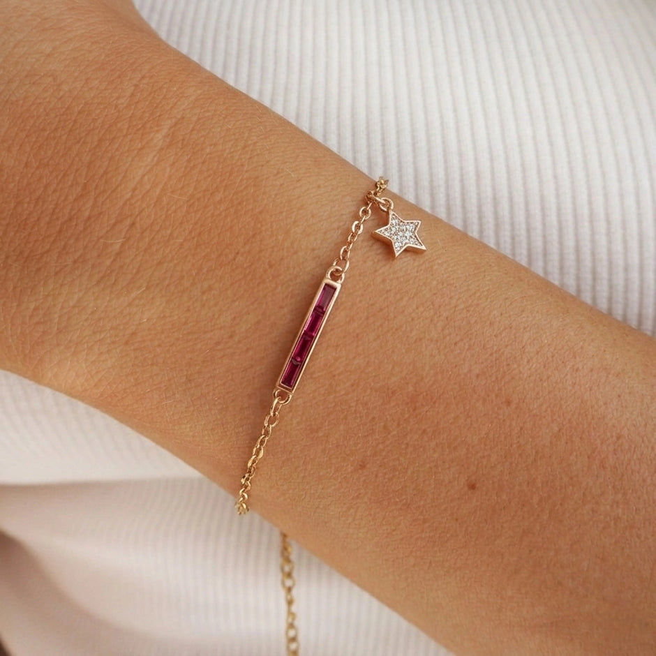 Rose gold 925 sterling silver pink bar star bracelet for women