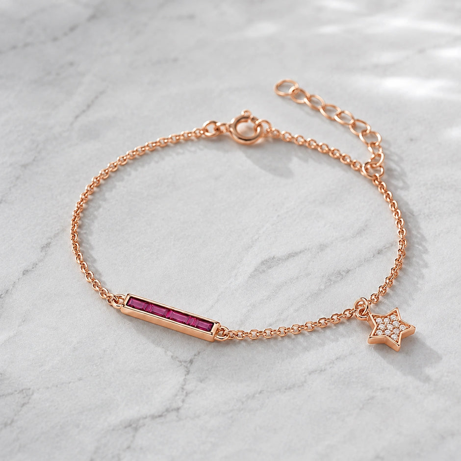 Rose gold 925 sterling silver pink bar star bracelet for women