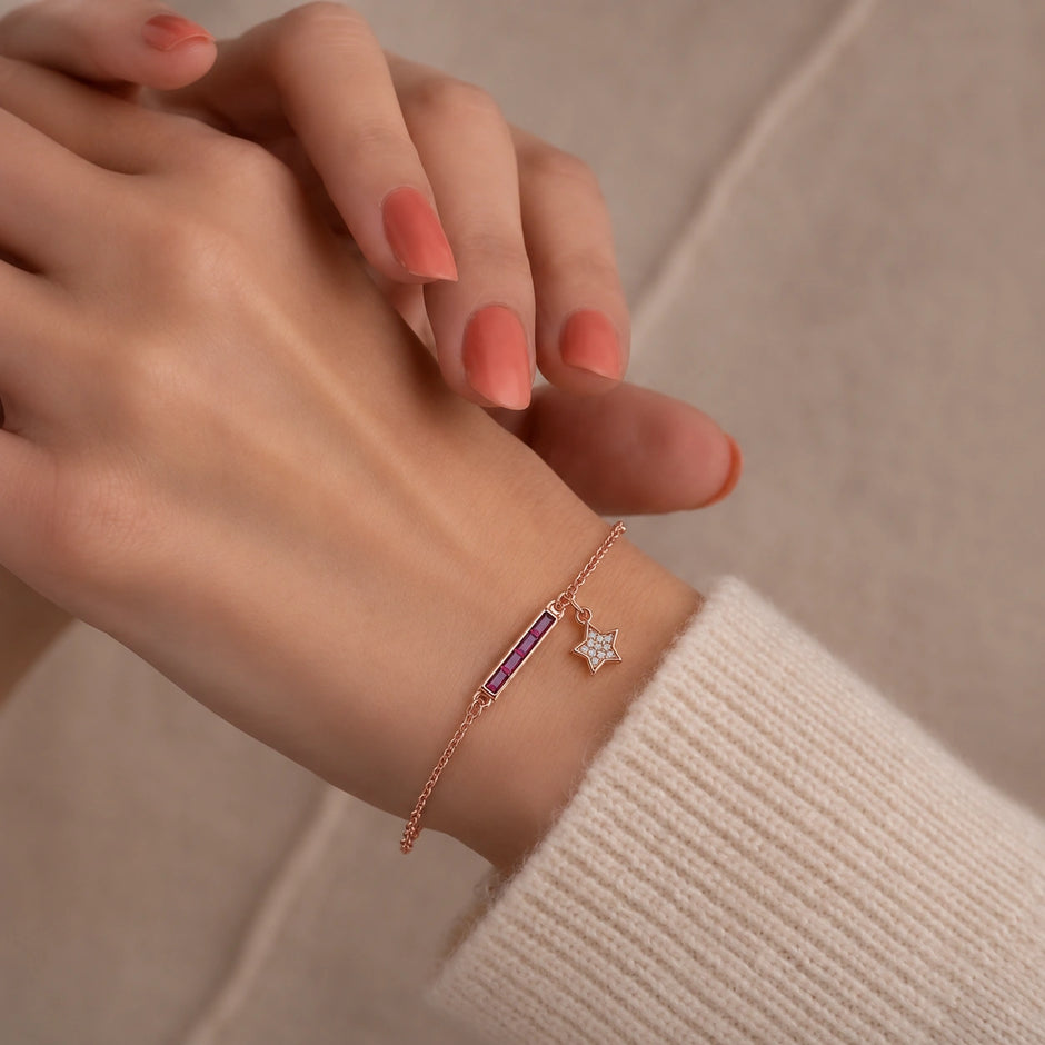 Rose gold 925 sterling silver pink bar star bracelet for women
