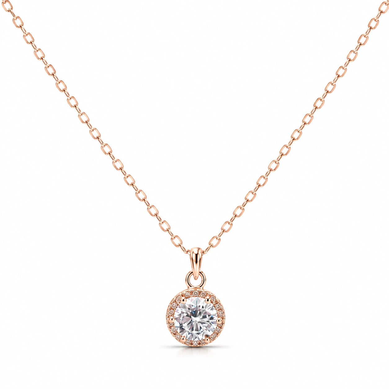 Rose Gold Round CZ 925 Sterling Silver Pendant Chain for Women