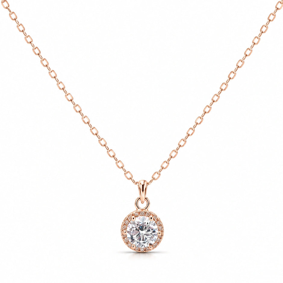 Rose Gold Round CZ 925 Sterling Silver Pendant Chain for Women