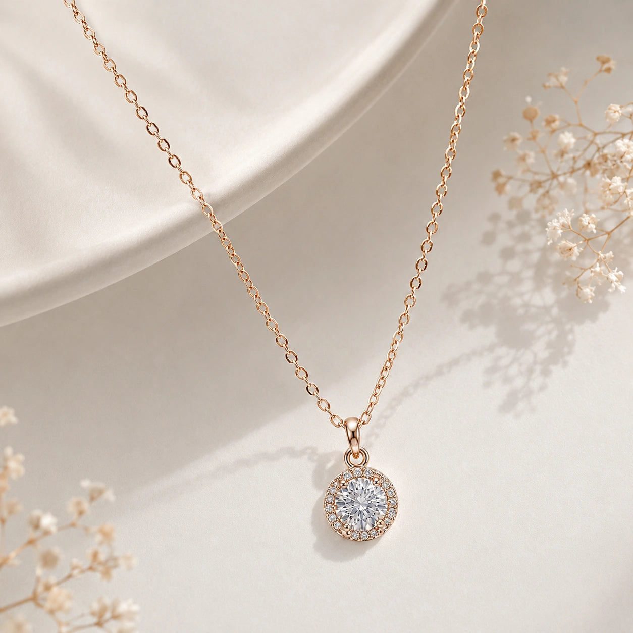Rose Gold Round CZ 925 Sterling Silver Pendant Chain for Women