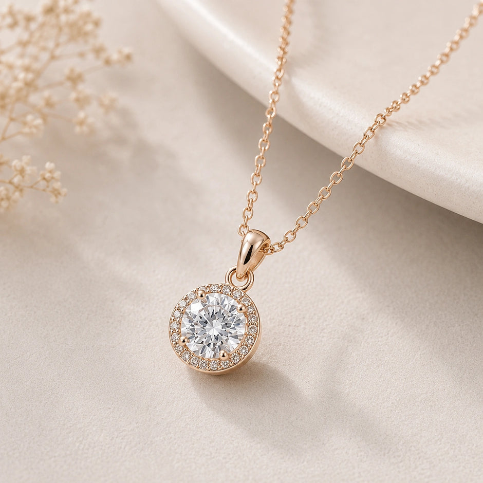 Rose Gold Round CZ 925 Sterling Silver Pendant Chain for Women