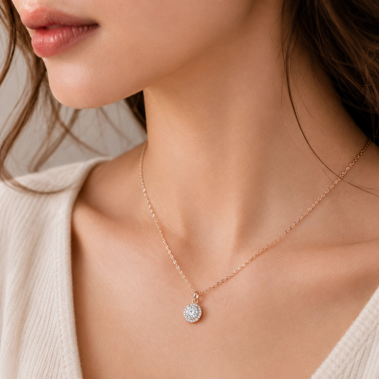 Rose Gold Round CZ 925 Sterling Silver Pendant Chain for Women