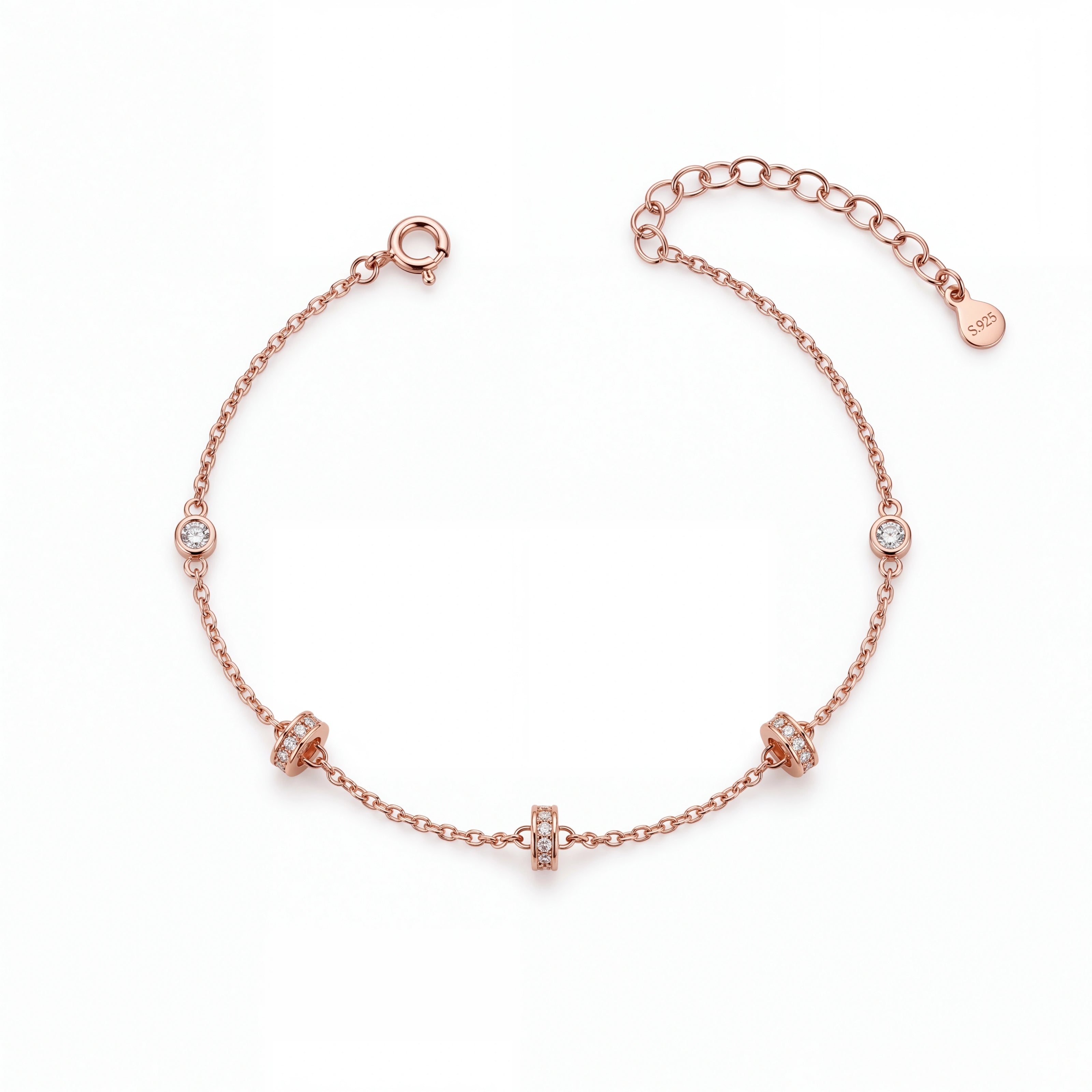 Rose gold 925 sterling silver round charm bracelet for women