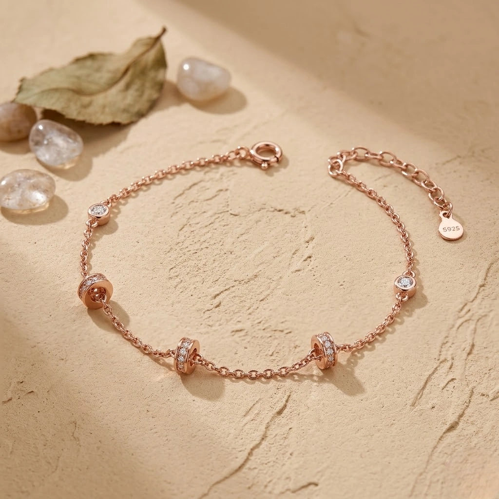 Rose gold 925 sterling silver round charm bracelet for women