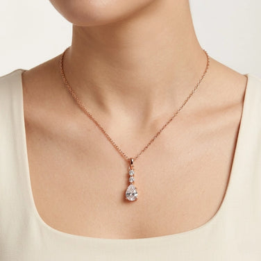 Rose Gold Round Drop White Stone 925 Sterling Silver Pendant Chain for Women