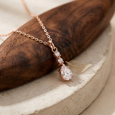 Rose Gold Round Drop White Stone 925 Sterling Silver Pendant Chain for Women
