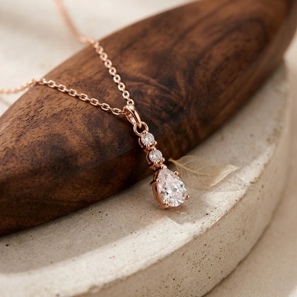 Rose Gold Round Drop White Stone 925 Sterling Silver Pendant Chain for Women
