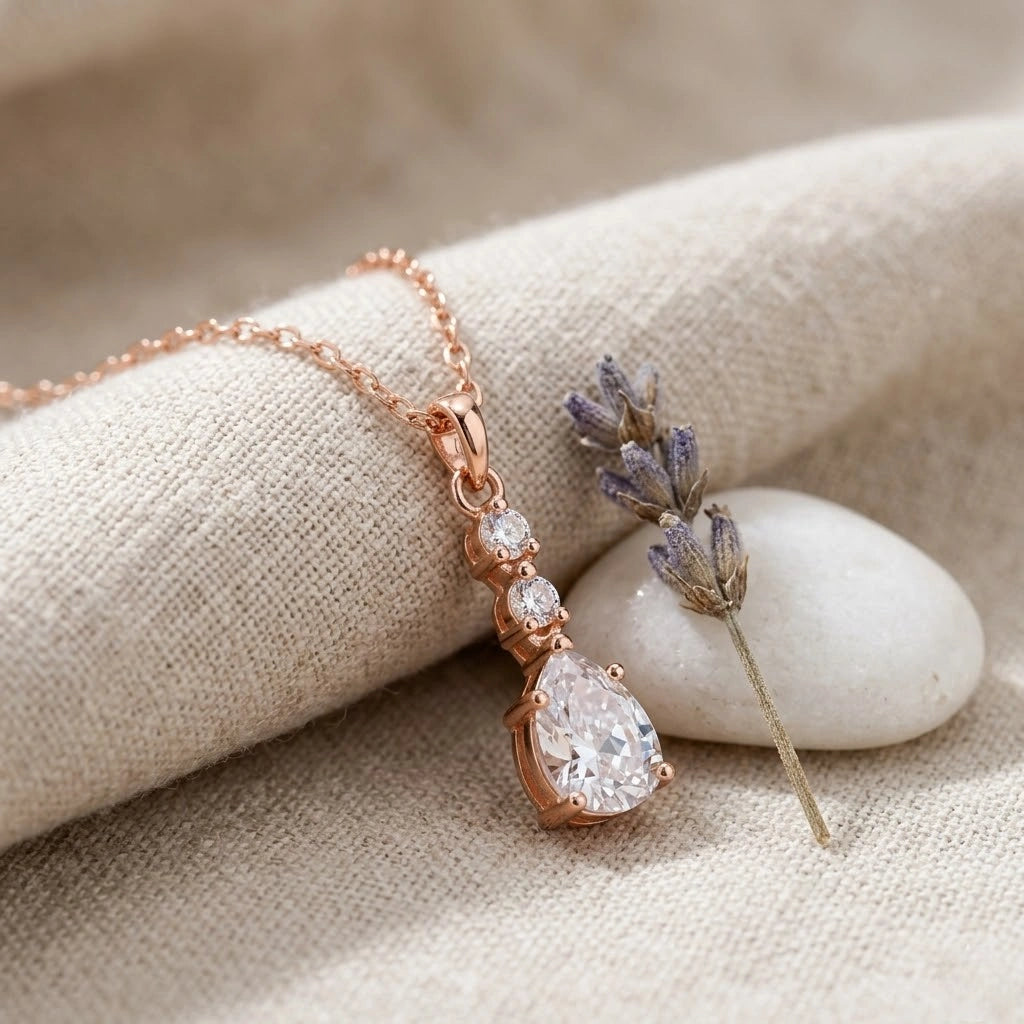 Rose Gold Round Drop White Stone 925 Sterling Silver Pendant Chain for Women