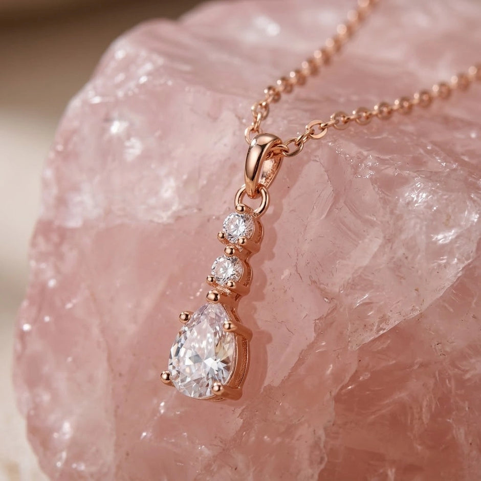 Rose Gold Round Drop White Stone 925 Sterling Silver Pendant Chain for Women