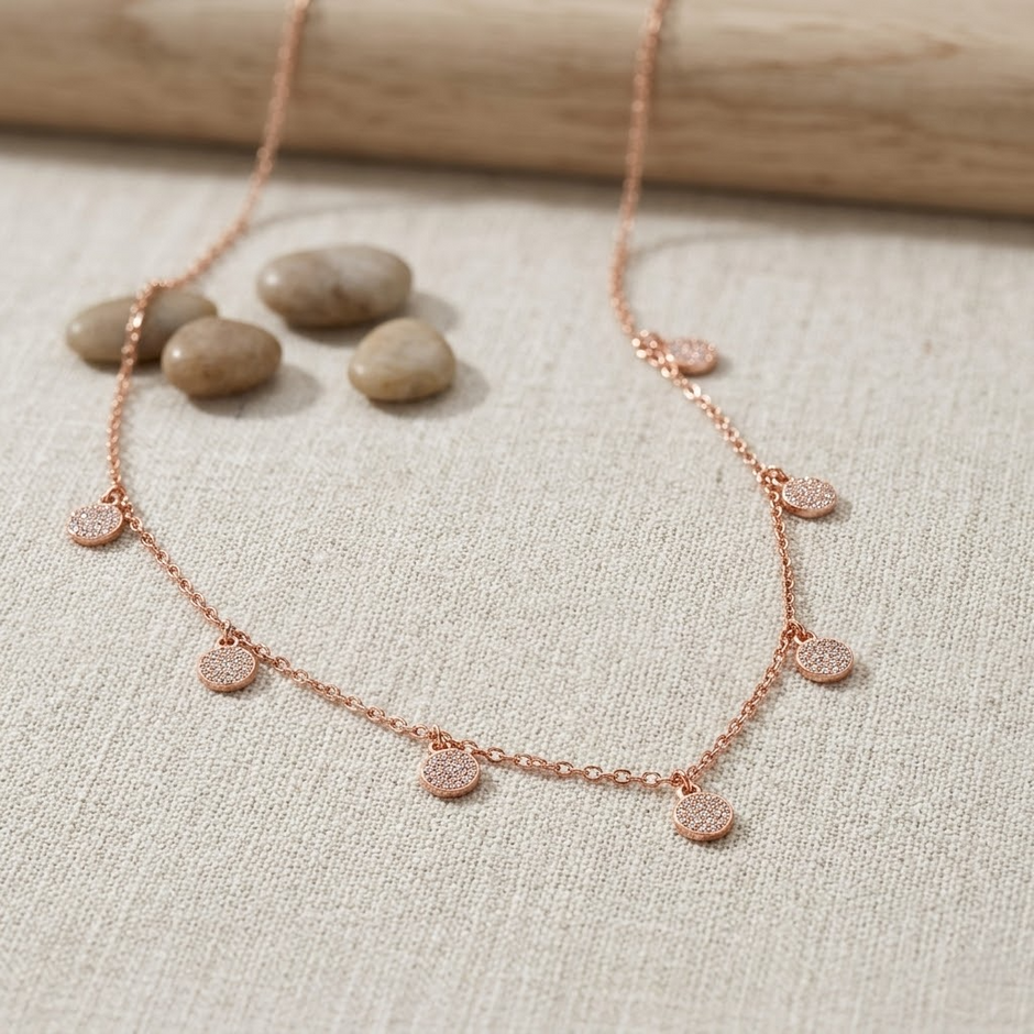 Rose Gold Round Floral Charm 925 Sterling Silver Chain Pendant for Women
