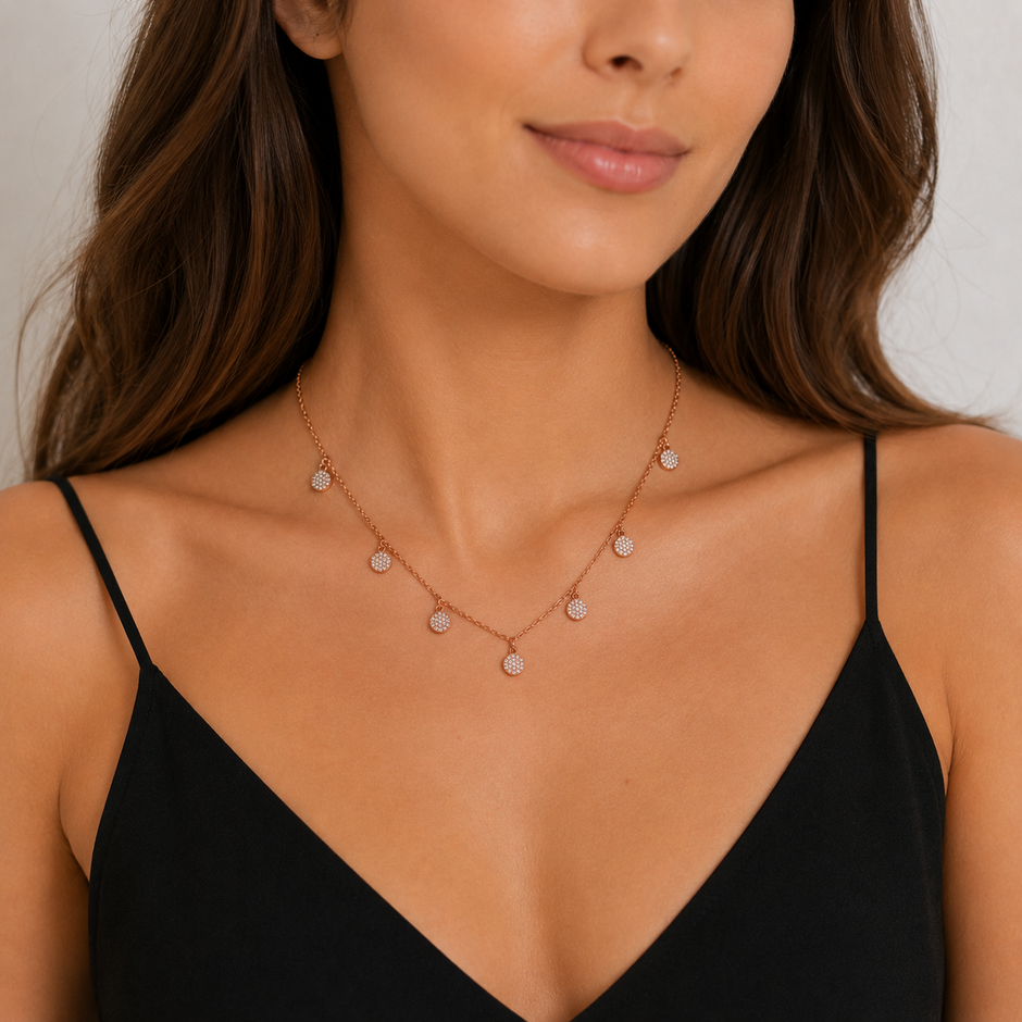 Rose Gold Round Floral Charm 925 Sterling Silver Chain Pendant for Women