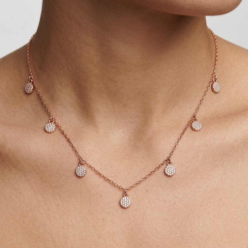 Rose Gold Round Floral Charm 925 Sterling Silver Chain Pendant for Women