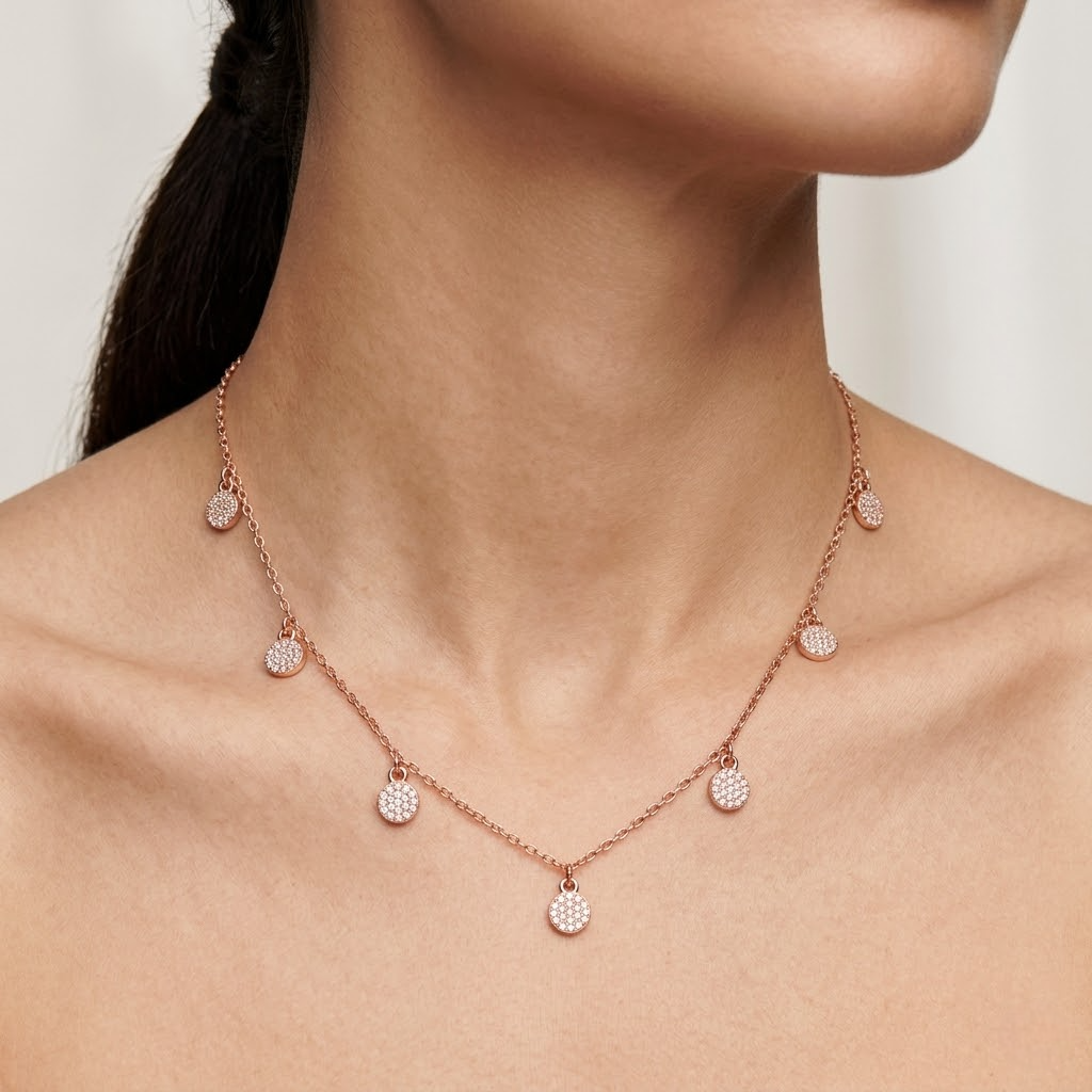 Rose Gold Round Floral Charm 925 Sterling Silver Chain Pendant for Women