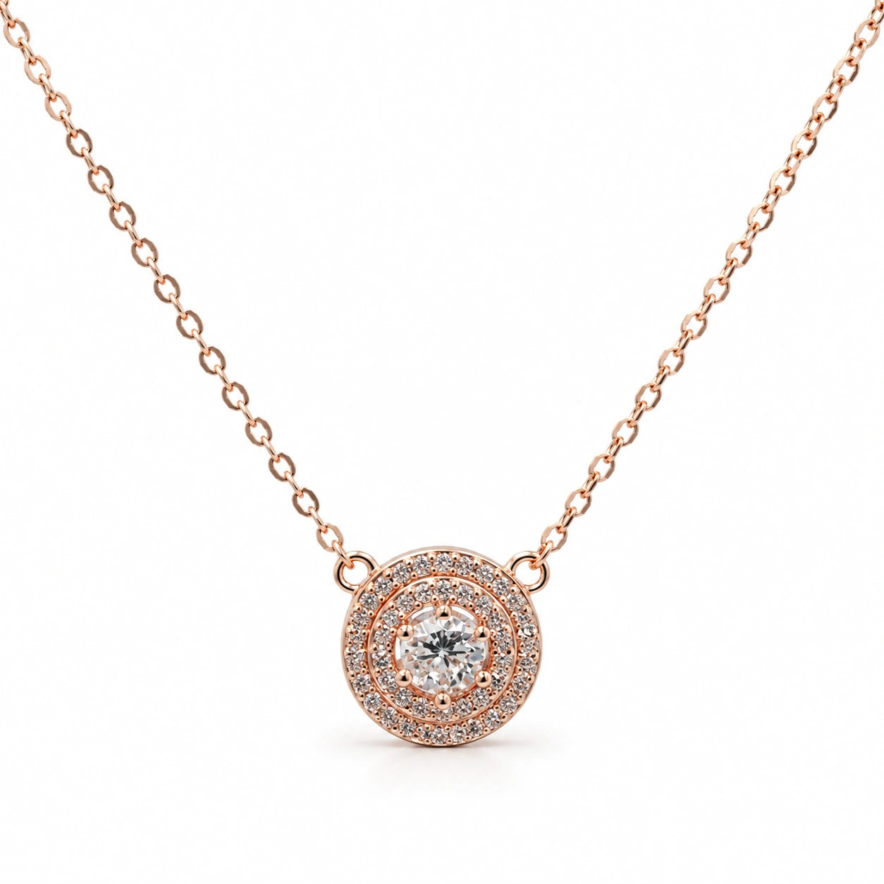 Rose Gold Round Halo White Stone 925 Sterling Silver Pendant Chain for Women