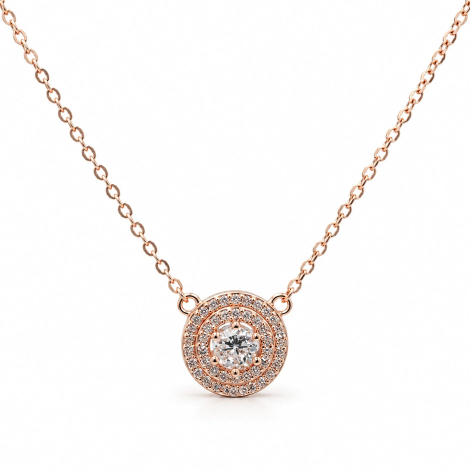 Rose Gold Round Halo White Stone 925 Sterling Silver Pendant Chain for Women