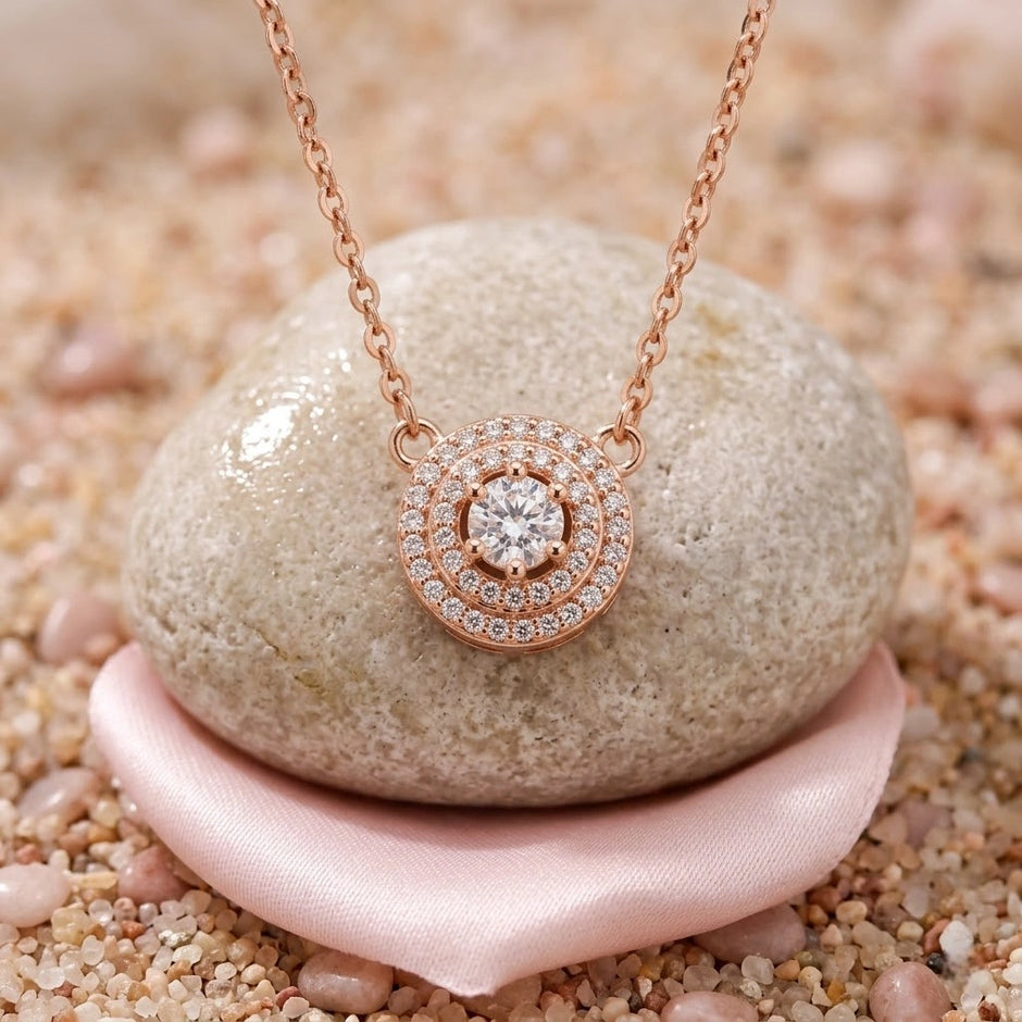Rose Gold Round Halo White Stone 925 Sterling Silver Pendant Chain for Women