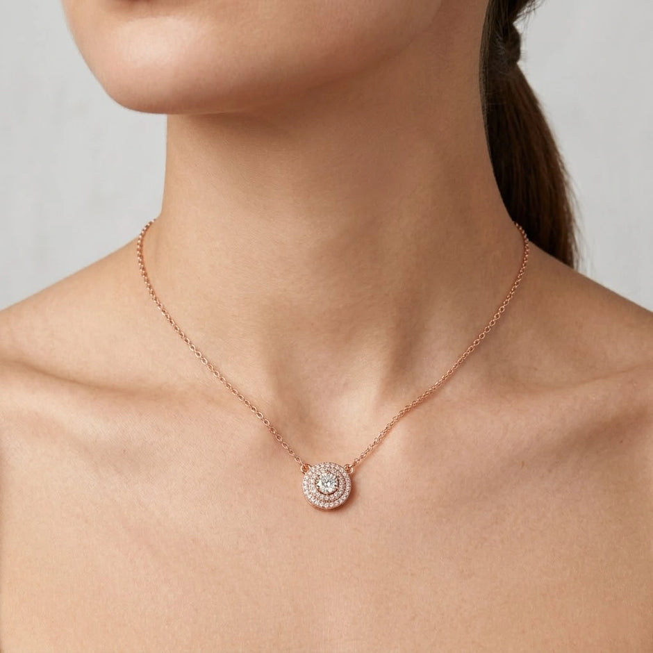 Rose Gold Round Halo White Stone 925 Sterling Silver Pendant Chain for Women