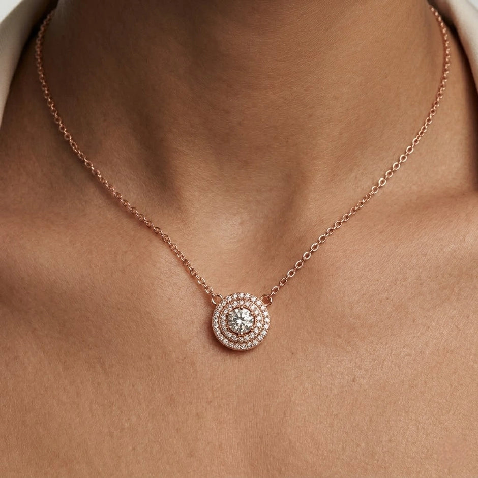 Rose Gold Round Halo White Stone 925 Sterling Silver Pendant Chain for Women