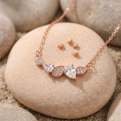 Rose Gold Round & Drop White Stone 925 Sterling Silver Pendant Chain for Women