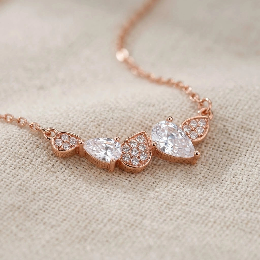 Rose Gold Round & Drop White Stone 925 Sterling Silver Pendant Chain for Women