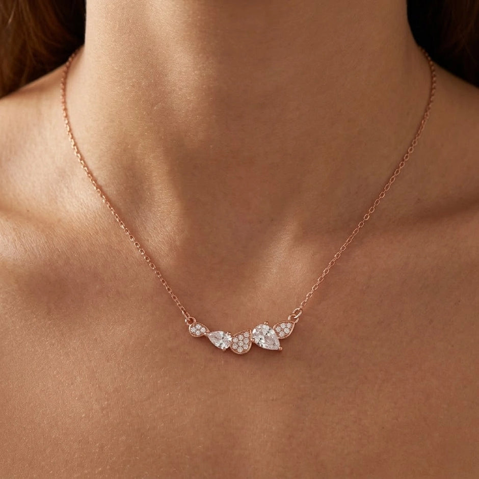 Rose Gold Round & Drop White Stone 925 Sterling Silver Pendant Chain for Women