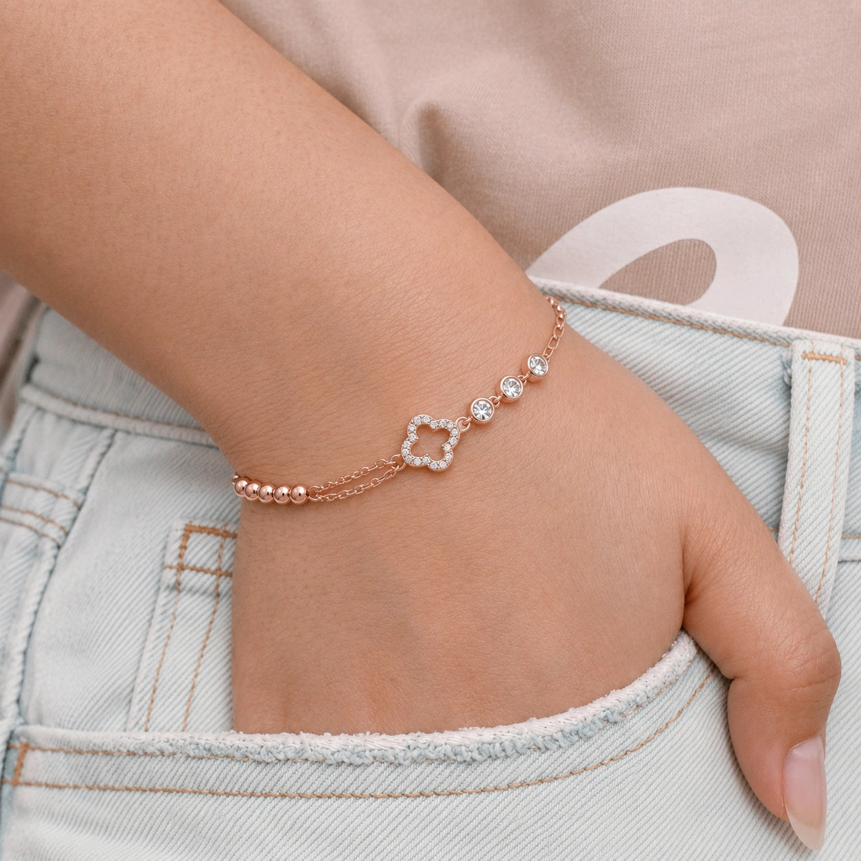 Rose gold 925 sterling silver square charm bracelet for women