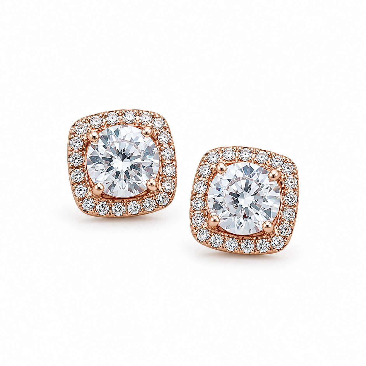 Rose Gold Square Halo Diamond 925 Sterling Silver Stud Earrings for Women