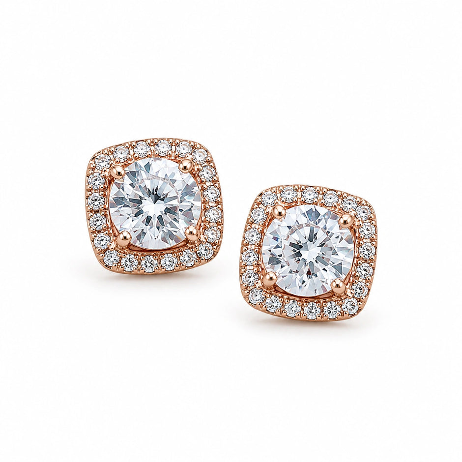 Rose Gold Square Halo Diamond 925 Sterling Silver Stud Earrings for Women