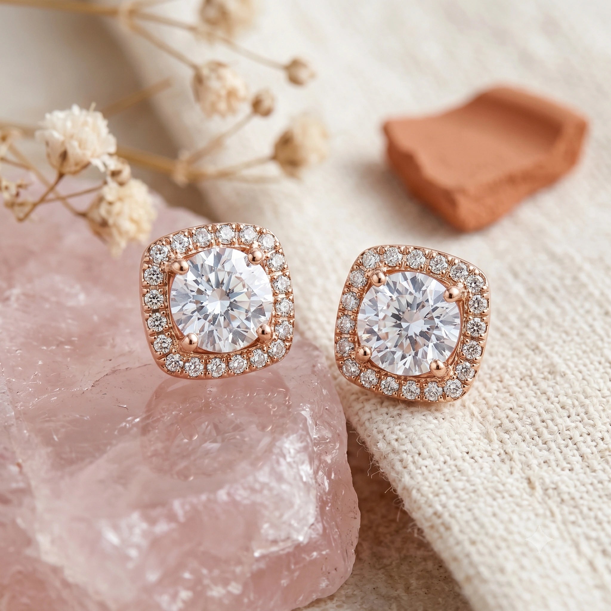 Rose Gold Square Halo Diamond 925 Sterling Silver Stud Earrings for Women