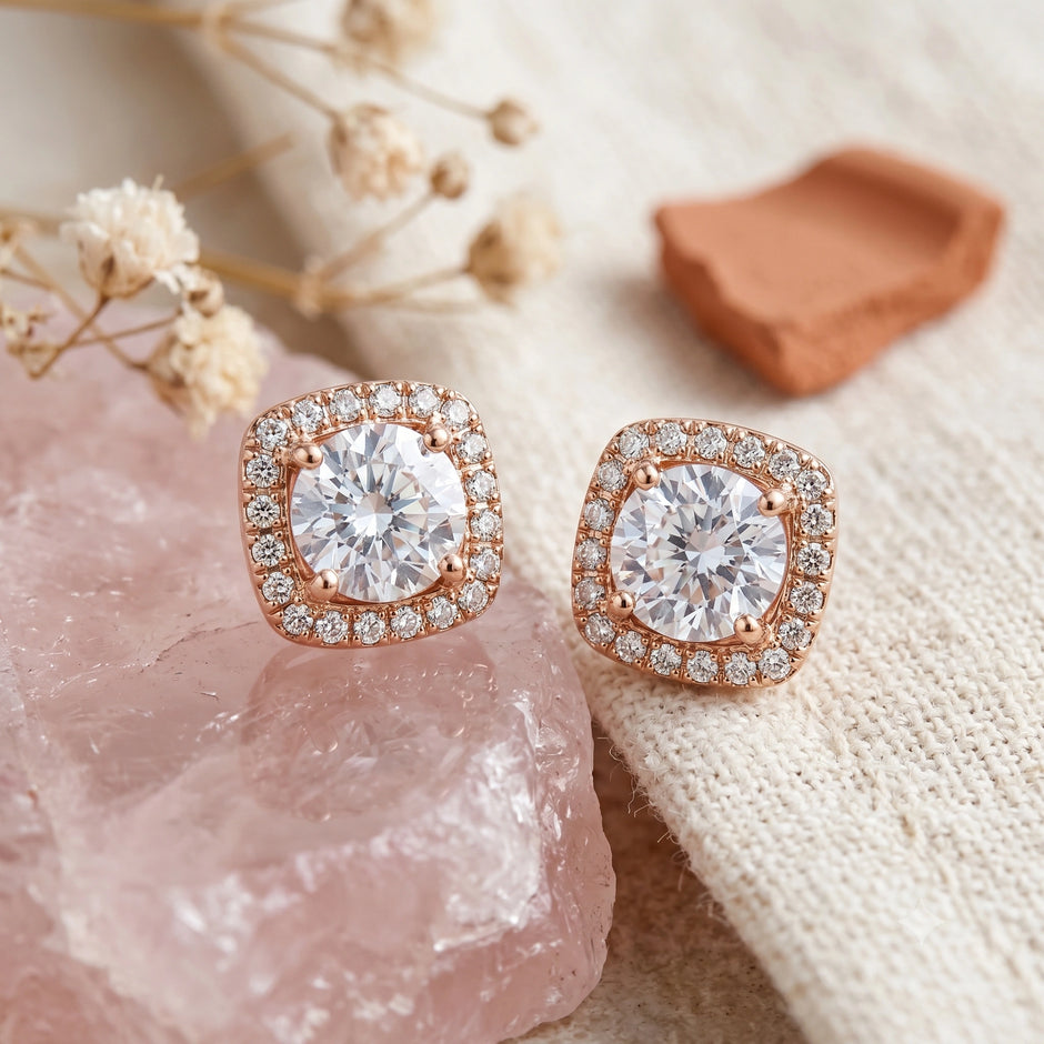 Rose Gold Square Halo Diamond 925 Sterling Silver Stud Earrings for Women