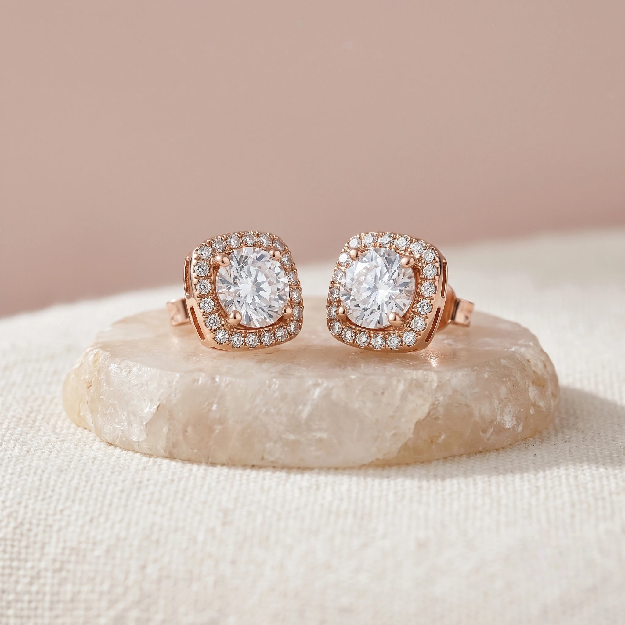 Rose Gold Square Halo Diamond 925 Sterling Silver Stud Earrings for Women