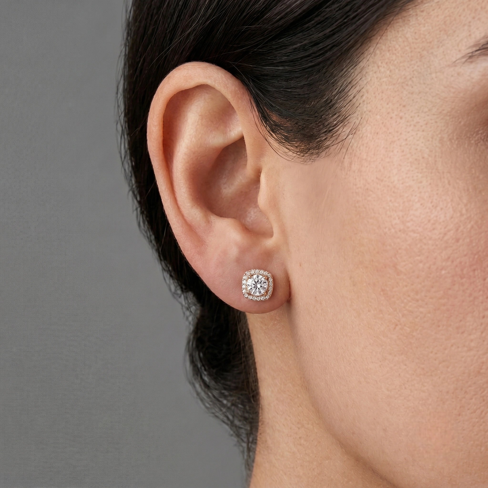 Rose Gold Square Halo Diamond 925 Sterling Silver Stud Earrings for Women