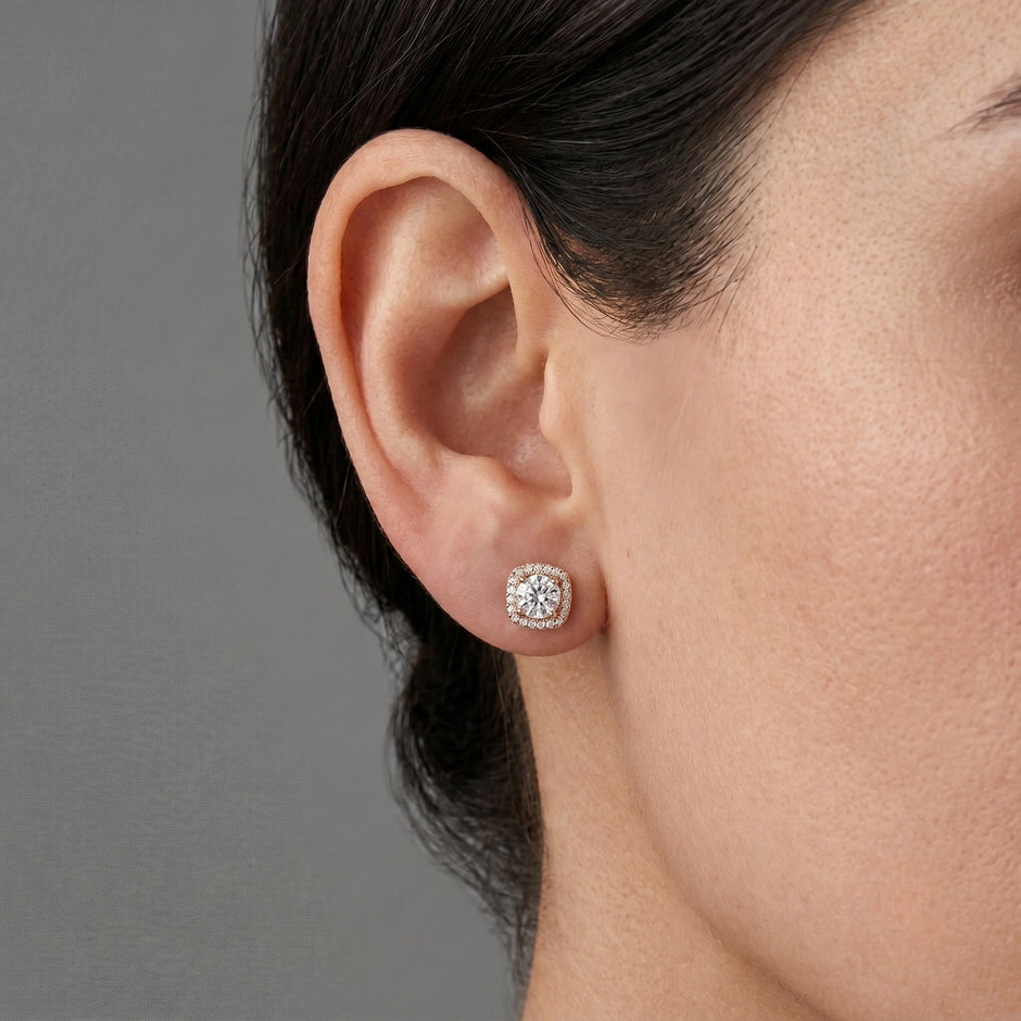 Rose Gold Square Halo Diamond 925 Sterling Silver Stud Earrings for Women