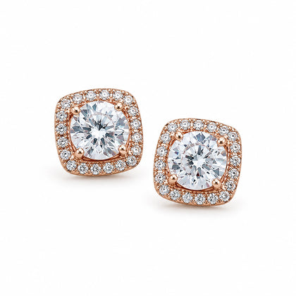 925 Sterling Silver Rose Gold Halo Stud Earrings with Round Cubic Zirconia and Pavé Border