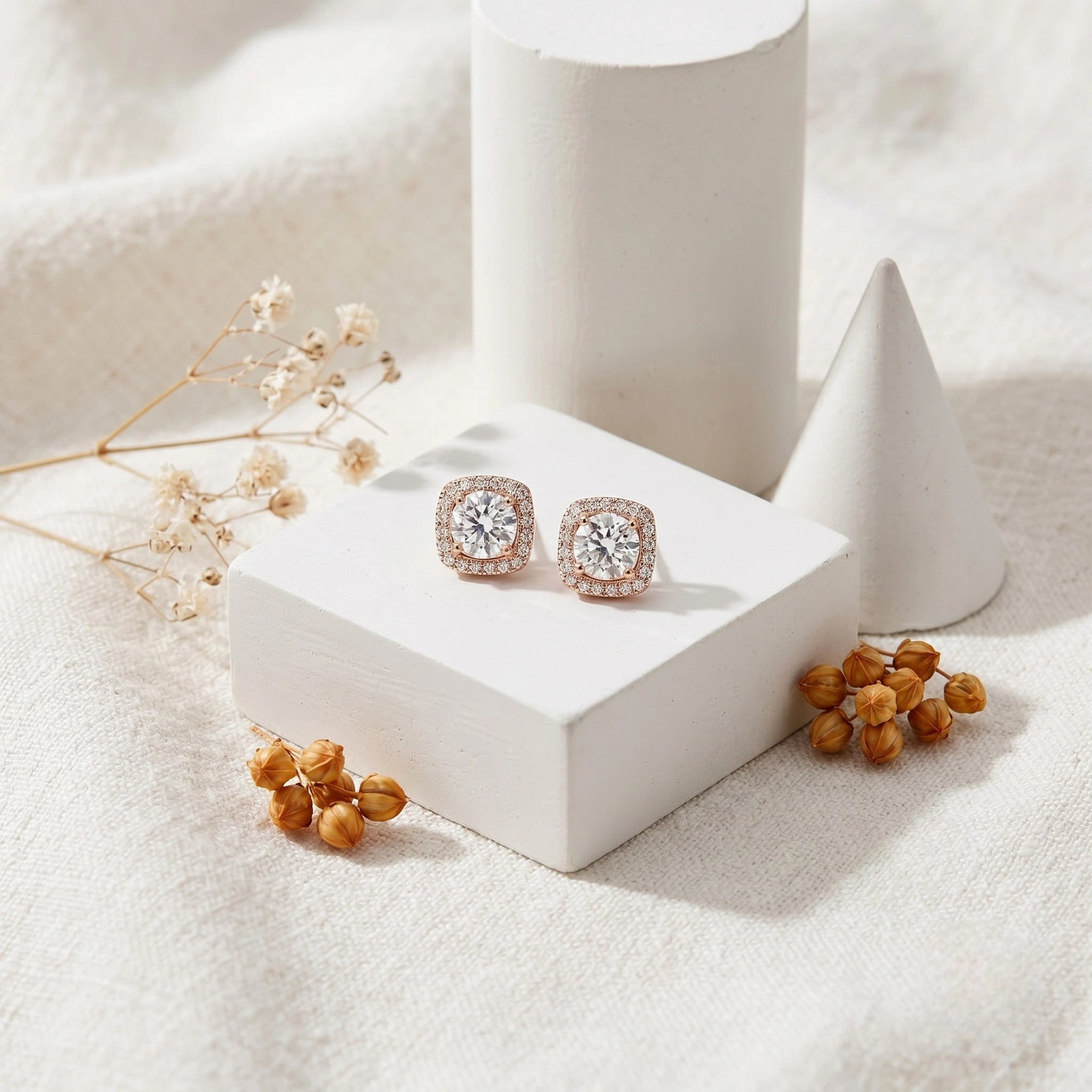 Rose Gold Square Halo Diamond 925 Sterling Silver Stud Earrings for Women