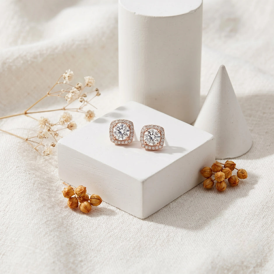 Rose Gold Square Halo Diamond 925 Sterling Silver Stud Earrings for Women