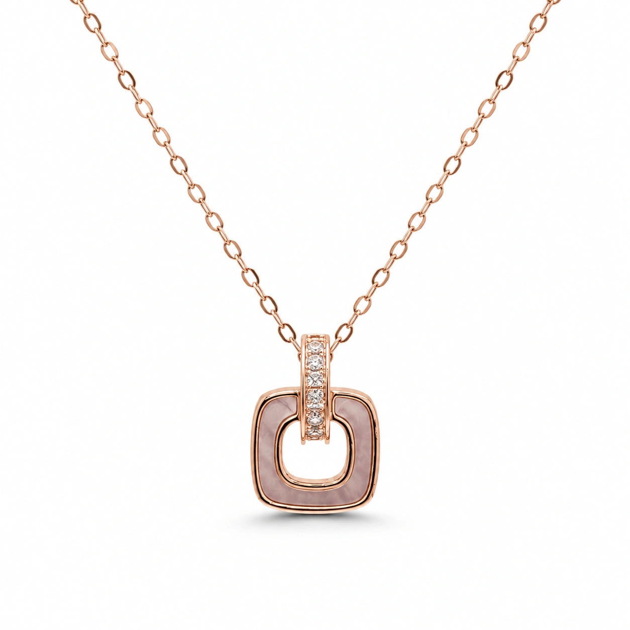 Rose Gold Square Loop CZ 925 Sterling Silver Pendant Chain for Women