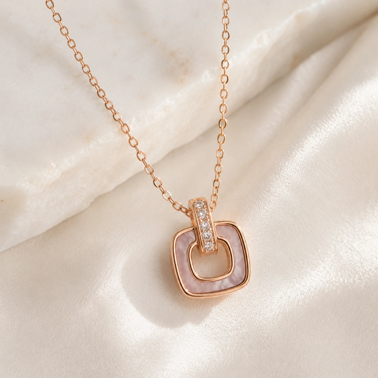 Rose Gold Square Loop CZ 925 Sterling Silver Pendant Chain for Women
