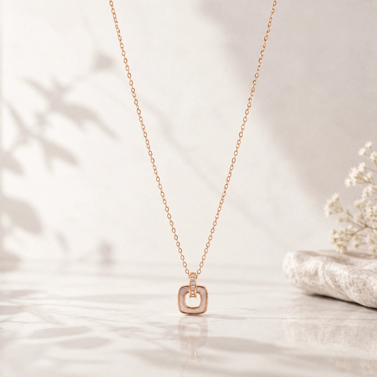 Rose Gold Square Loop CZ 925 Sterling Silver Pendant Chain for Women