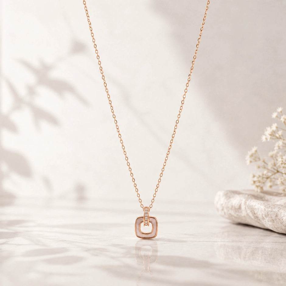 Rose Gold Square Loop CZ 925 Sterling Silver Pendant Chain for Women