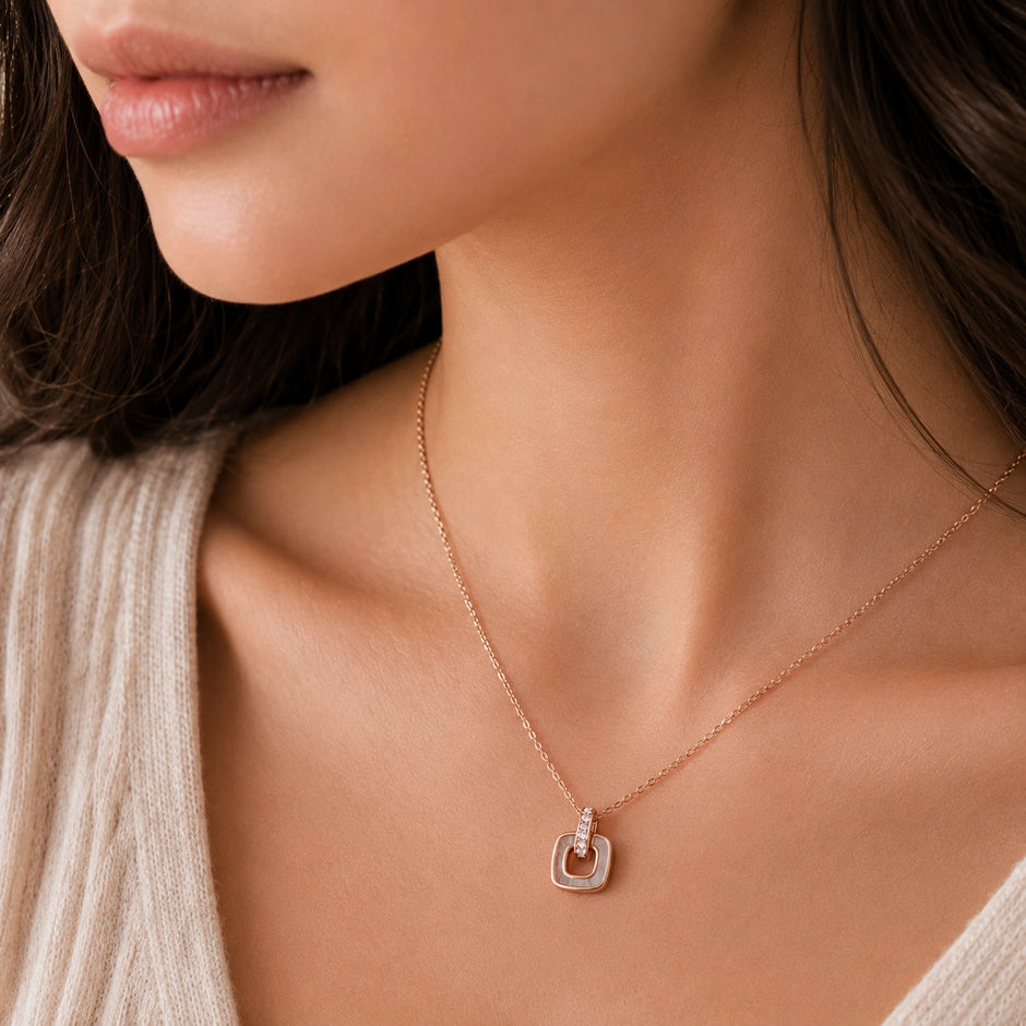 Rose Gold Square Loop CZ 925 Sterling Silver Pendant Chain for Women